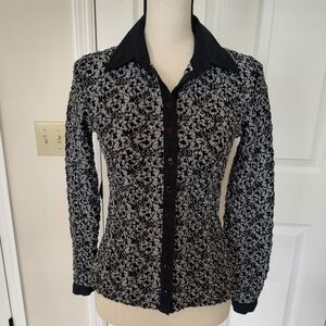 Anne Fontaine Crinkle Cloth Black White Button Up Shirt Size 2